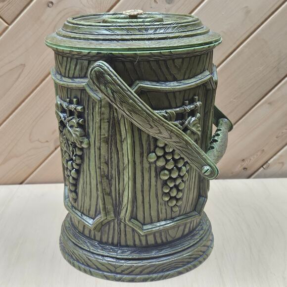 Vintage MCM 1960s Faux Wood Ice Bucket Cooler Barware Green Grapes w Handle - Picture 2 of 8